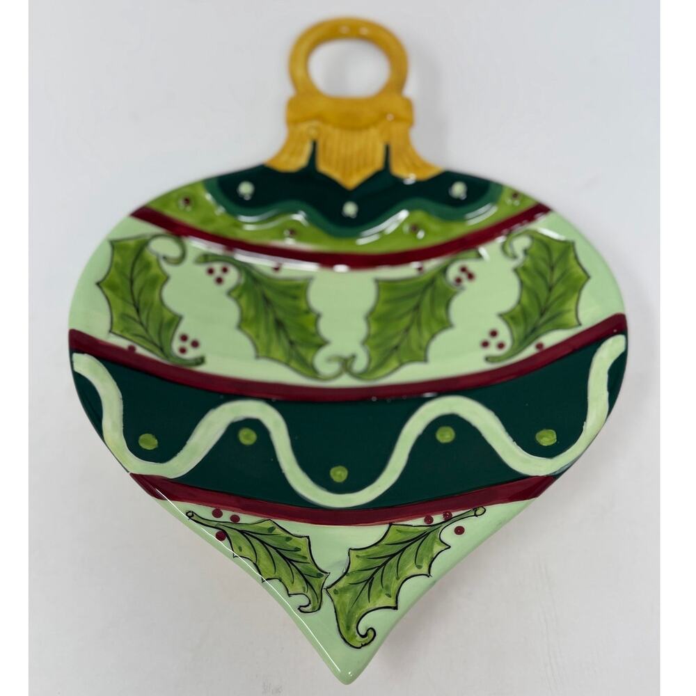 Centrum Tidbit Dish Ceramic Ornament with Holly Green Yellow Holiday Hostess